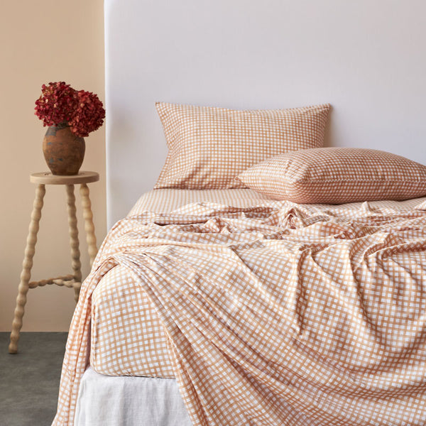 Bamboo Cotton Gingham Sheet set - Toast