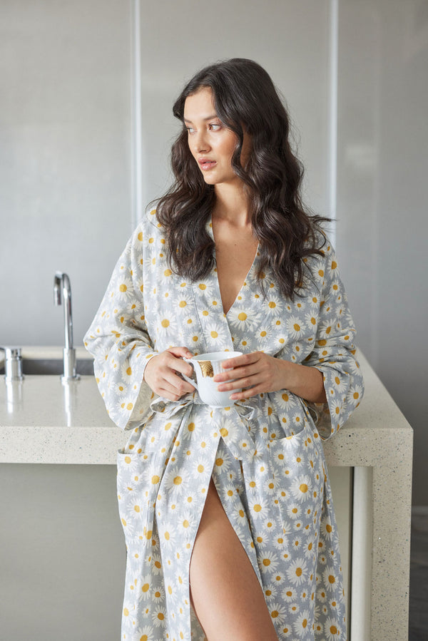 100% Linen Daisy Printed Bathrobe - Sky (6604484575311)