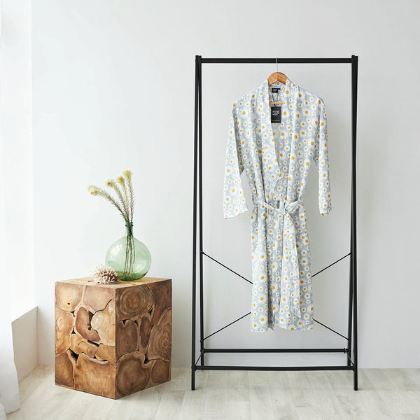 Pure Linen Daisy Printed Bathrobe - Sky